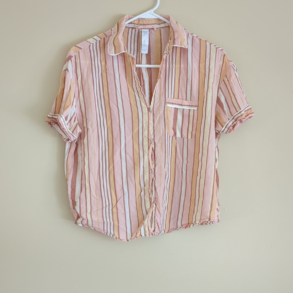 Small Stars Above Short Sleeve Striped Pajama Sleep Shirt Top PJ